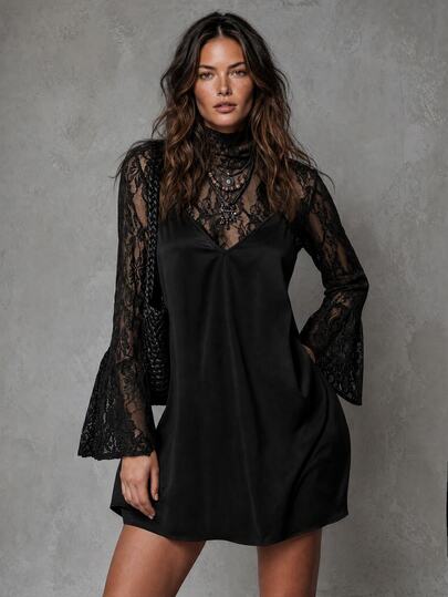 Solivie Women's Lace T-Shirt + Camisole Dress 2 Pieces Set, Romantic Vintage, Autumn Fashion Item Fall Clothes For Women Elegant Dressresort Peasant Dress