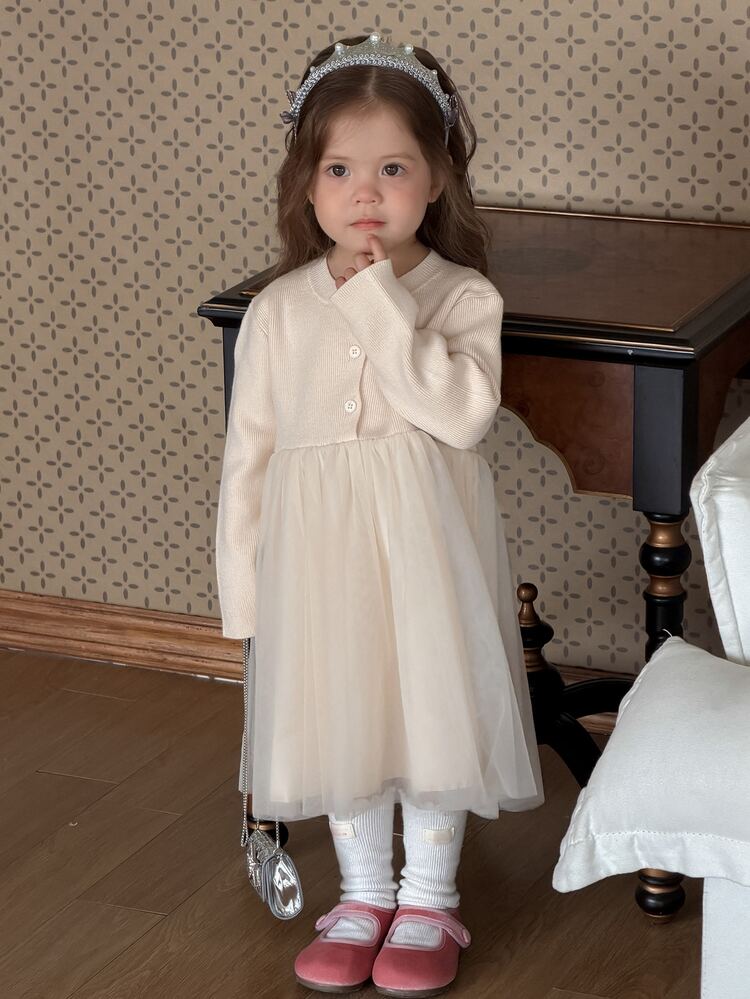 DAZY Infant/Toddler (Girl) Round Neck Mesh Patchwork Korean Style Long Sleeve Patchwork Dress - Apricot - View 5