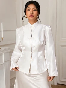 EastFlair Plus Size Women's Elegant Blazer Jacket With Frog Button Placket And Long Sleeves - White - View 7