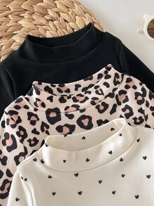 SHEIN 女嬰長袖小立領休閒上衣（愛心/豹紋印花與素色）（3件組） - 彩色 - 查看 7