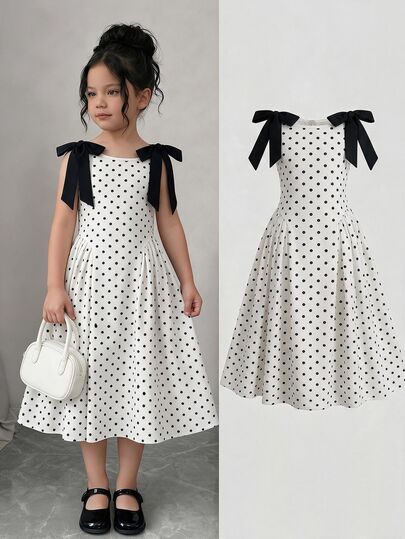 Firerie Kids Firerie Kids Young Girls Casual Elegant Fashion Daily Versatile Polka Dot Round Neck Detachable Bow Sleeveless Dress