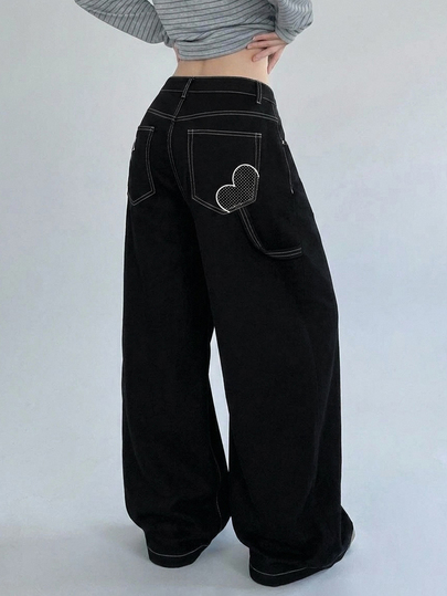DAZY Women's Heart Pattern Pocket Wide Leg Loose Casual Denim Jeans