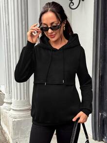 SHEIN بلوزة رياضية للحوامل بلون موحد وأكمام طويلة وكاجوال مع بطانية رأس برباط للرضاعة الشتوية - الأسود - مشاهدة 7