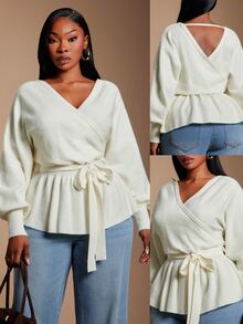 SHEIN SXY Plus Size Women's Solid Color V-Neck Knotted Waist Casual Versatile Long Sleeve Sweater - White - View 1