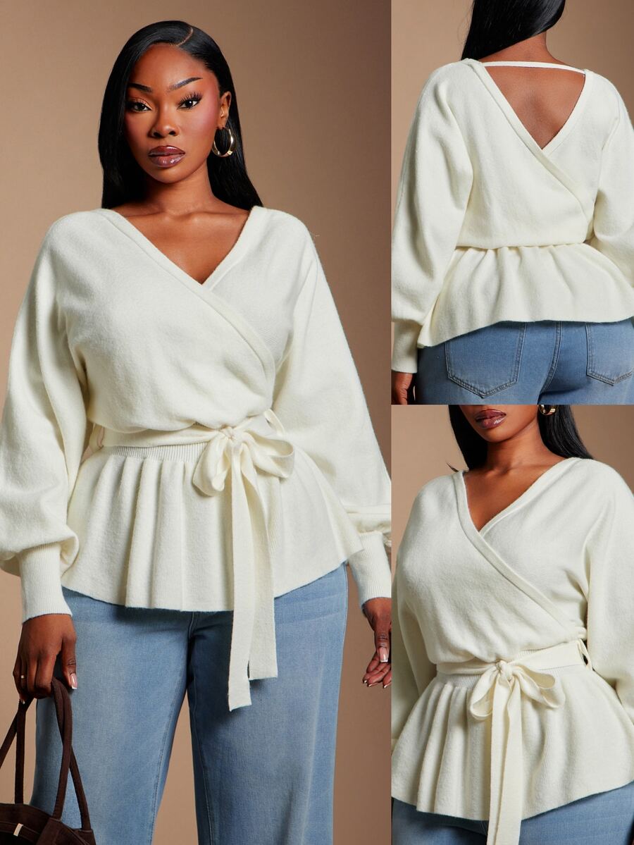 SHEIN SXY Plus Size Women's Solid Color V-Neck Knotted Waist Casual Versatile Long Sleeve Sweater - White - View 1