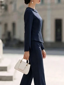 SHEIN Women's Professional 2 Pieces Set, Elegant Top Paired With Slim Fit Suit Pants, Solid Color Minimalist Design, Sophisticated Formal Style, Suitable For Office Commute, Business Meetings, Formal Occasions - Blue - View 8