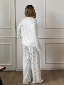 DAZY Cute Black And White Loose Long Sleeve T-Shirt Straight Leg Long Pajama Pants 2pcs Set Women's Sleepwear Sleep Home Fall Casual - Grey - View 2