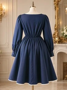 Rometta Plus Size Women Bowknot Decor Long Sleeve Casual Dress - Navy Blue - View 2