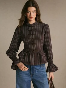Poéselle Women's Striped Button-Front Long Sleeve Elegant Blouse - Brown - View 5