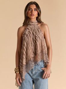SHEIN BAE Women's Lace Patchwork Casual Versatile Daily Wear Halter Neck Top - Multicolor - View 5