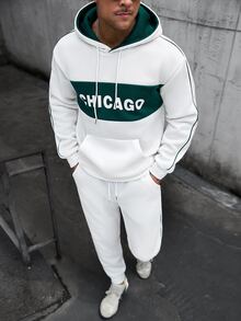 Manfinity CasualCool Men's Hooded Sweatshirt Set, Double-Layer Hood With Contrast Color Design, Contrast Color Piping Trim Craftsmanship, Top With Patchwork Print, Hooded Sweatshirt With Pockets And Drawstring, Paired With Elastic Waist Sweatpants, Pants With Contrast Color Piping Design On Side Seams, Pockets And Drawstring, Loose Fit, Autumn/Winter Men's Hooded Sweatshirt Set - White - View 3