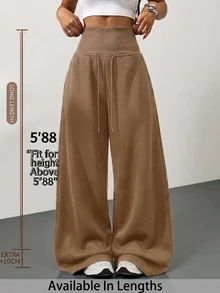 SHEIN Tall CURVE 大尺碼高腰灰色針織抓絨抽繩寬鬆運動長褲，適合冬季畢業季、返校季、畢業典禮、教師穿搭等場合，秋季女款寬腿舒適運動褲 - 駝色 - 查看 3