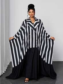 Maweii Plus Size Casual Loose Striped Patchwork Versatile Women's Dress Fall - Black and White - View 4
