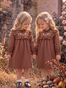 Baby Girl Floral Embroidered Pattern Pleated Casual Daily Summer Dress - Brown - View 5