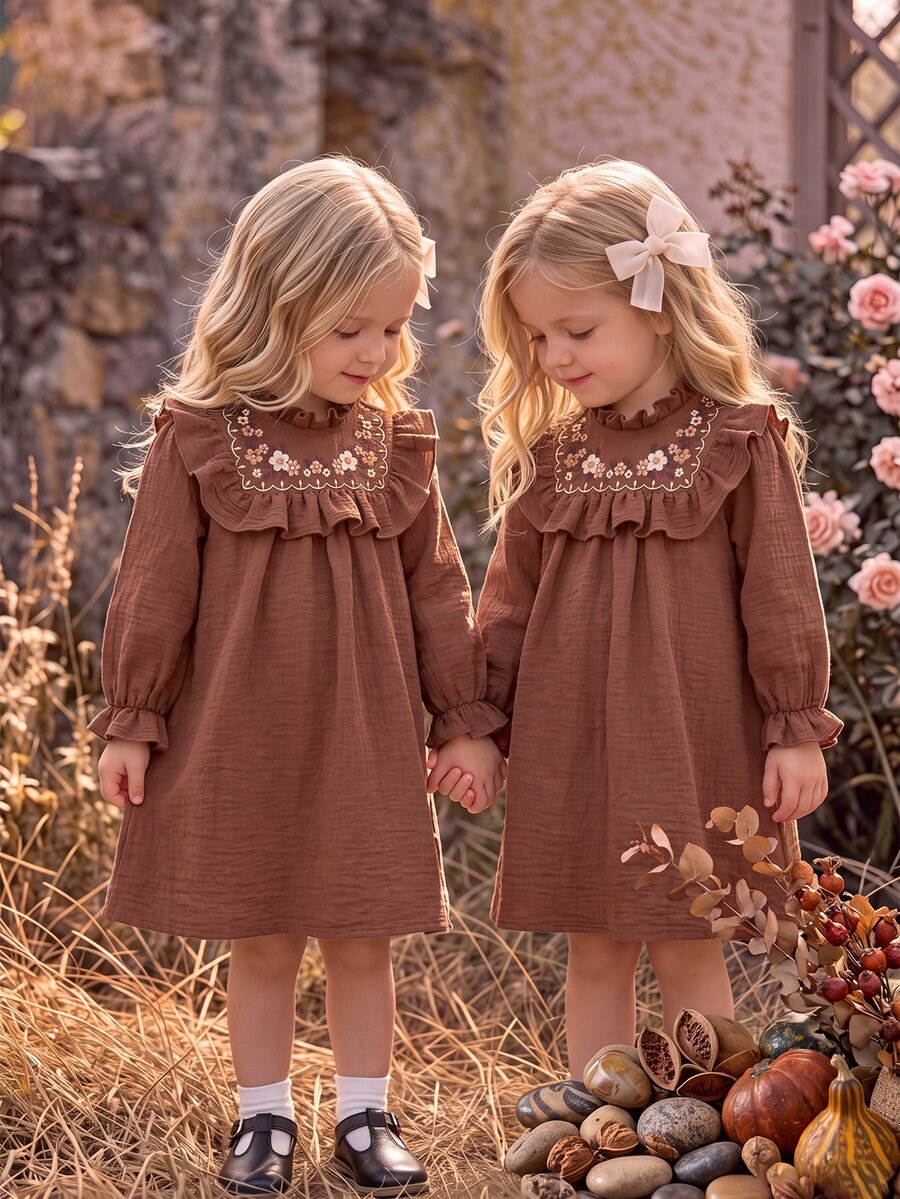 Baby Girl Floral Embroidered Pattern Pleated Casual Daily Summer Dress - Brown - View 1