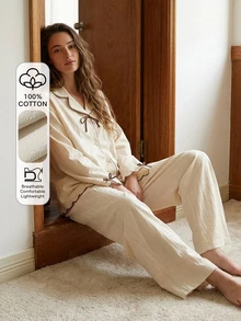 Livesso Women's Color Block Bow Decor Long Sleeve Top And Pants Casual Daily Pajama Set - Beige - View 1