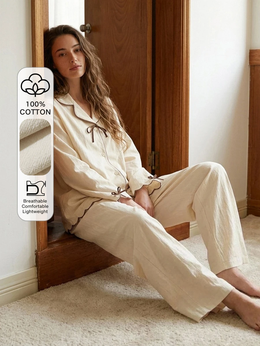 Livesso Women's Color Block Bow Decor Long Sleeve Top And Pants Casual Daily Pajama Set - Beige - View 1
