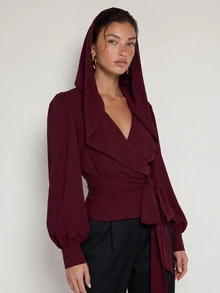 COSMINA Women's Hooded Wrap Balloon Sleeve Long Sleeve Blouse Top - Burgundy - View 1