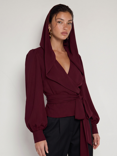 COSMINA Women's Hooded Wrap Balloon Sleeve Long Sleeve Blouse Top