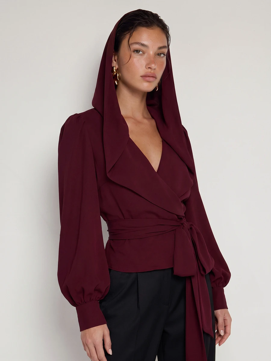 COSMINA Women's Hooded Wrap Balloon Sleeve Long Sleeve Blouse Top - Burgundy - View 1
