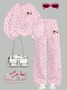 Young Girls Casual Fresh Pink Leopard Print Floral Dachshund Puppy Kawaii Pattern Crew Neck Sweatshirt And Wide Leg Pants Set Fall Outfits - Multicolor - View 3