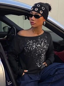 Veykashi Halloween Dark Pattern Print Plus Size Cold Shoulder Sweatshirt, Suitable For Spring And Autumn Holiday Outfits - Multicolor - View 4