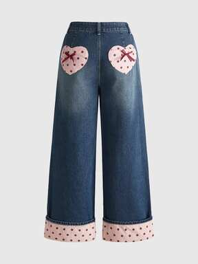 Sweetness Jeans de mezclilla casuales para mujer con bloques de color, tela a cuadros, decoración de corazón y lazo