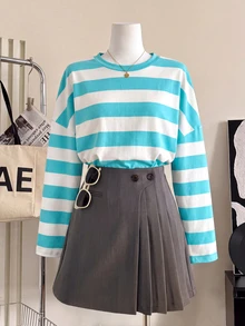 SHEIN Kaos Lengan Panjang Bergaris Horizontal Colorblock untuk Anak Perempuan, Pink, Cokelat, Aprikot, Patchwork Tiga Warna, Kerah Bulat, Bahu Jatuh, Longgar, Ukuran Besar, Atasan Pullover Santai, Gaya Preppy, Musim Semi/Gugur, Kasual Sehari-hari, Lapisan Dasar - Biru - View 5