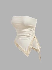 SHEIN MOD 2pcs Women's Solid Color Ruched Side Drawstring Lace Hem Tube Top - Brown - View 5