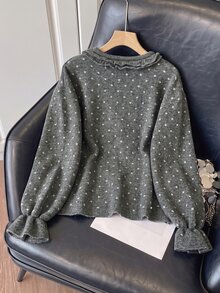 Muvela 女款灰色波點長袖毛衣，適合秋冬穿著，附荷葉邊喇叭袖口 - 淺灰色 - 查看 2