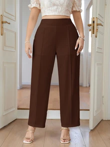 SHEIN PETITE CURVE 大尺碼女款純色休閒直筒長褲，適合日常穿著 - 咖啡棕 - 查看 3