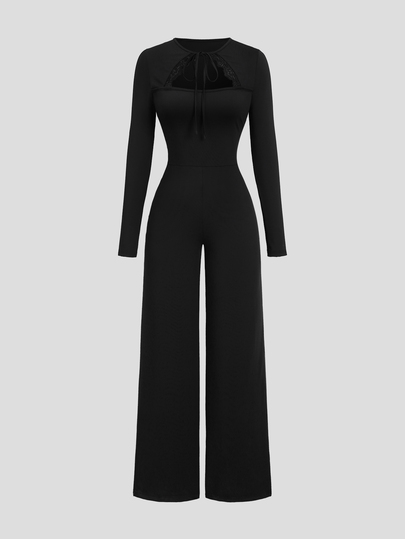 Sweetra New Autumn/Winter American Spicy Girl Style Fashion Knit Patchwork Lace Trim Sweet Elegant Tie-Up Small Round Neck Long Sleeve Slim Fit Flattering, Sweet Tie-Up Y2K Outfit Sexy Hollow Out Daily Date Commute Sister Outing Black Jumpsuit