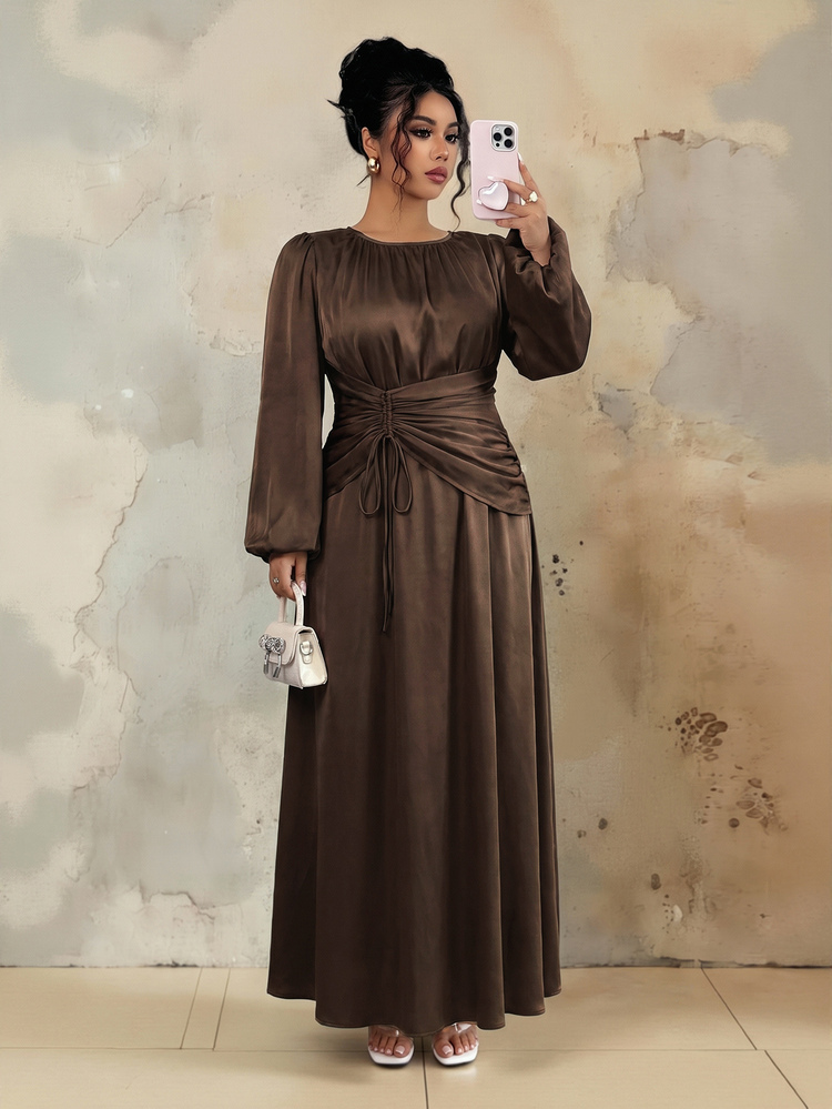 Roveilla Plus Size Women's Spring/Autumn/Winter French Style Elegant Luxury Exquisite Casual Christmas Party Minimalist High-End Design Office Commute Comfortable Solid Color Satin Crinkled Satin Round Neck Waist Drawstring Ruched Design Back Elastic Waist Flare Hem Lantern Sleeve Long Sleeve Long Dress - Brown - View 4