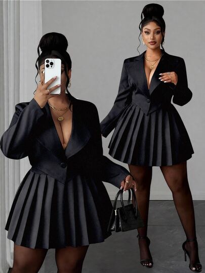 Maweii Conjunto de dos piezas de traje gris para mujer de talla grande, chaqueta de traje con cuello de blazer, manga larga y apertura frontal corta + falda plisada en línea A, conjunto de traje gris, vestido elegante para fiesta, graduación, baile de graduación, cita sexy, atuendo de vacaciones para mujer, ropa sexy para mujer
