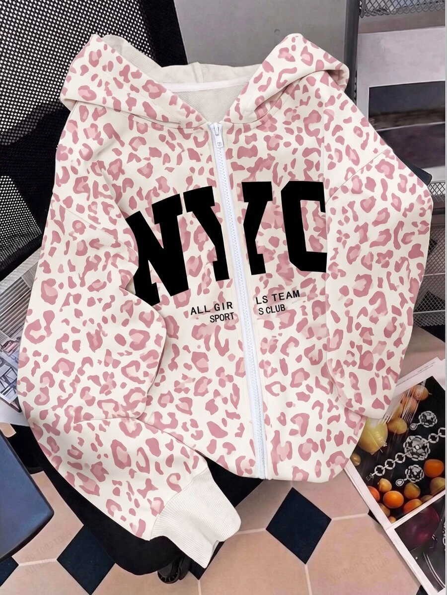 SHEIN Tween女孩針織豹紋圖案連帽開襟運動衫 - 粉色 - 查看 1