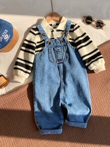 SHEIN 2件組男嬰秋冬休閒條紋衛衣與牛仔吊帶長褲套裝，衛衣套裝，嬰兒套裝，秋冬套裝，吊帶褲套裝，條紋套裝 - 彩色 - 查看 8
