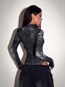 SHEIN ICON بودي نسائي كاجوال يومي بنمط العنكبوت وأكمام طويلة - متعدد الألوان - مشاهدة 2