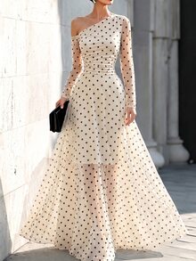 SHEIN PariChic Women's Fashion Polka Dot Asymmetrical Shoulder Mesh Long Sleeve Ruched Waist Flared Slimming Long Dress, Suitable For Party, Date, Dinner, Vacation - Apricot - View 3
