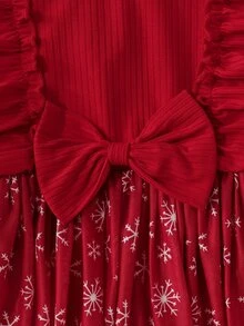 SHEIN Playful Pals Infant Girl Burgundy Ruffle Trim Ribbed Stripe & Snowflake Mesh Patchwork Dress & Headband 2pcs Set - Burgundy - View 5