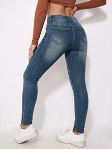 SHEIN Essnce 女款性感鈕扣口袋修身牛仔褲 - 深色水洗藍 - 查看 2