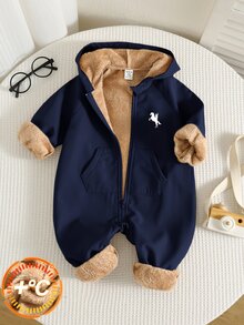 SHEIN 男嬰秋冬休閒可愛保暖內裡加厚連帽連身衣 - 藏蓝色 - 查看 1