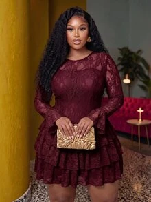 Slaydiva Vestido de encaje con volantes en el bajo para otoño, talla grande - Burdeos - Ver 8