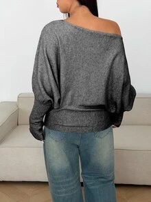 Sunnyshic Plus Size Sexy Off-Shoulder Solid Color Knit Sweater Fall - Dark Grey - View 2