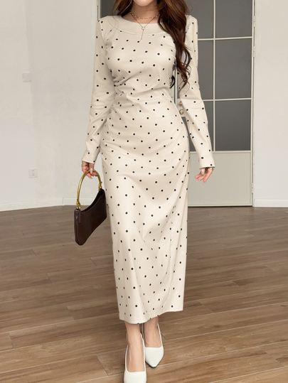 Feyla New French Vintage Style Elegant Slim Fit Long Sleeve Knit Maxi Dress