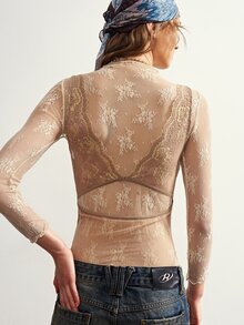 Bohemela Casual Solid Color Knit Contrast Lace Women's Bodysuit - Multicolor - View 4