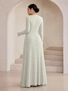 Graceveil French Style Cinched Waist Ribbon Knit Dress, Slimming Round Neck Vertical Striped Draped Floor-Length Dress - Grey - View 2
