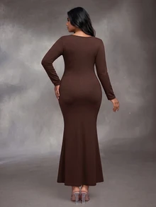 SHEIN Brown Slim Fit Flattering Ruched Twist Metal Buckle Long Sleeve Maternity Plus Size Dress For Party And Gathering - Brown - View 2