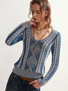 Bohemela Fall/Winter, Mixed Blue V Neck Twisted Rope Knit Washed Pullover Sweater,Vintage Twist Special Dye Technique,Concert Party Outfit,Daily&Going Out Wear - Blue and White - View 5