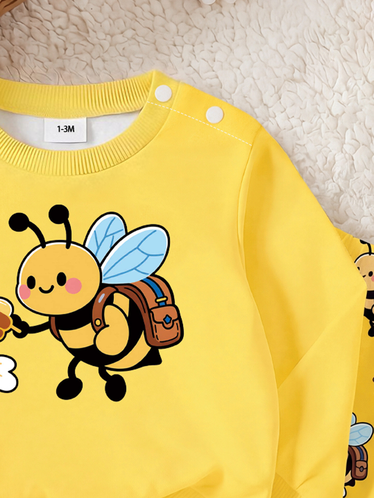 Newborn Baby Girl Cute Little Bee & Floral Honey Gathering Print Crew Neck Long Sleeve Fleece Lined Thick Sweatshirt & Pants Set, Soft Fabric, Suitable For Christmas Outings, Autumn/Winter - Multicolor - View 4