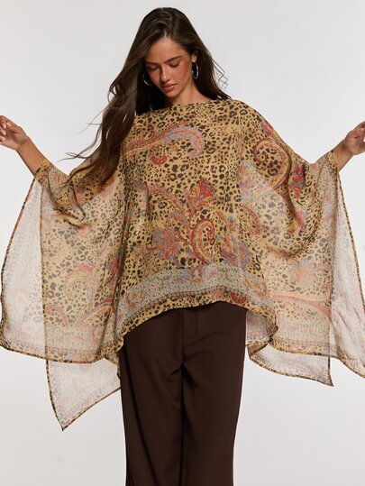 Opulessa Women's Leopard Print Floral Pattern Boat Neck Batwing Sleeve Loose Top